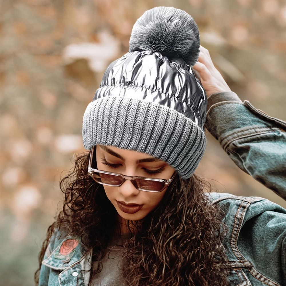 Gray Fleece Lined Fur Pom Pom Winter Beanie Hat Fashion Statement Accessories